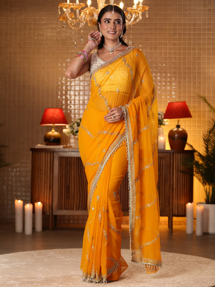 Libas Orange Floral Embroidered Chiffon Saree
