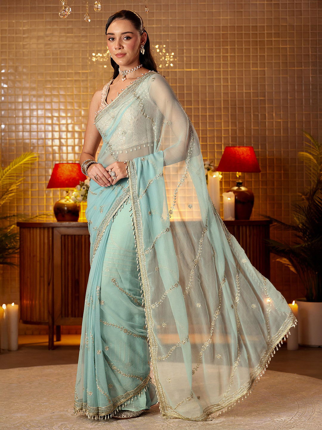 Libas Blue Floral Embroidered Chiffon Saree