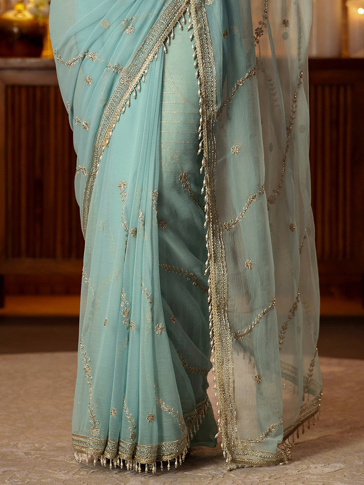 Libas Blue Floral Embroidered Chiffon Saree