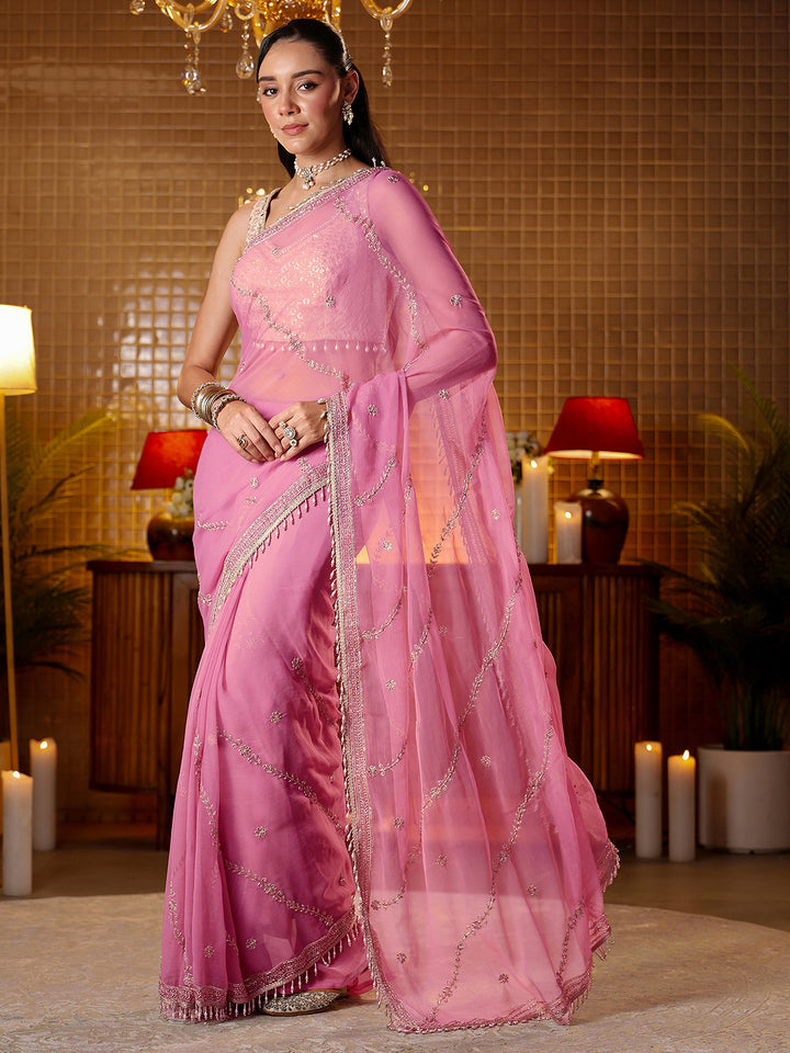 Libas Pink Floral Embroidered Chiffon Saree