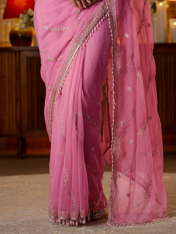 Libas Pink Floral Embroidered Chiffon Saree