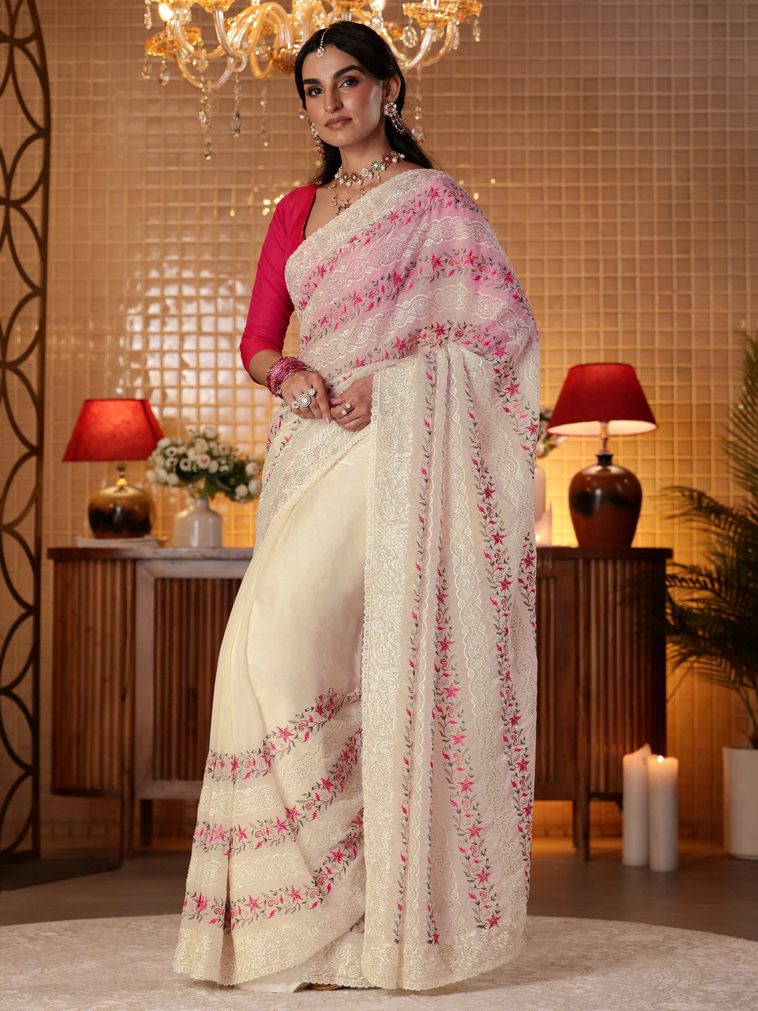 Libas Cream Floral Embroidered Tissue Saree