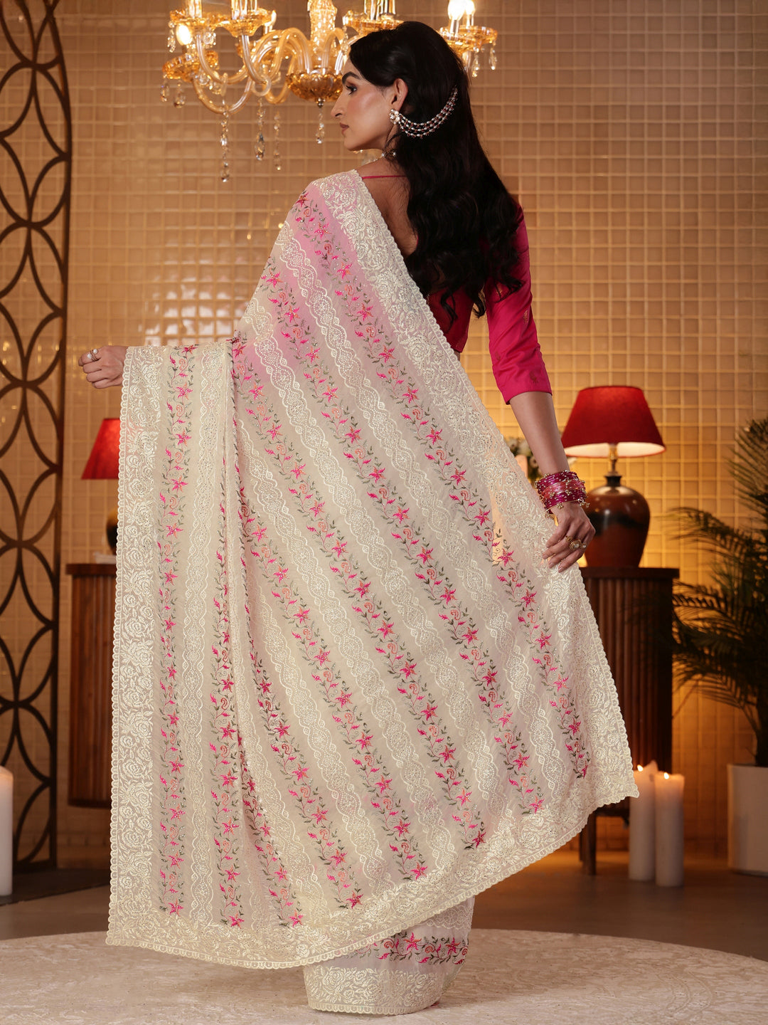 Libas Cream Floral Embroidered Tissue Saree