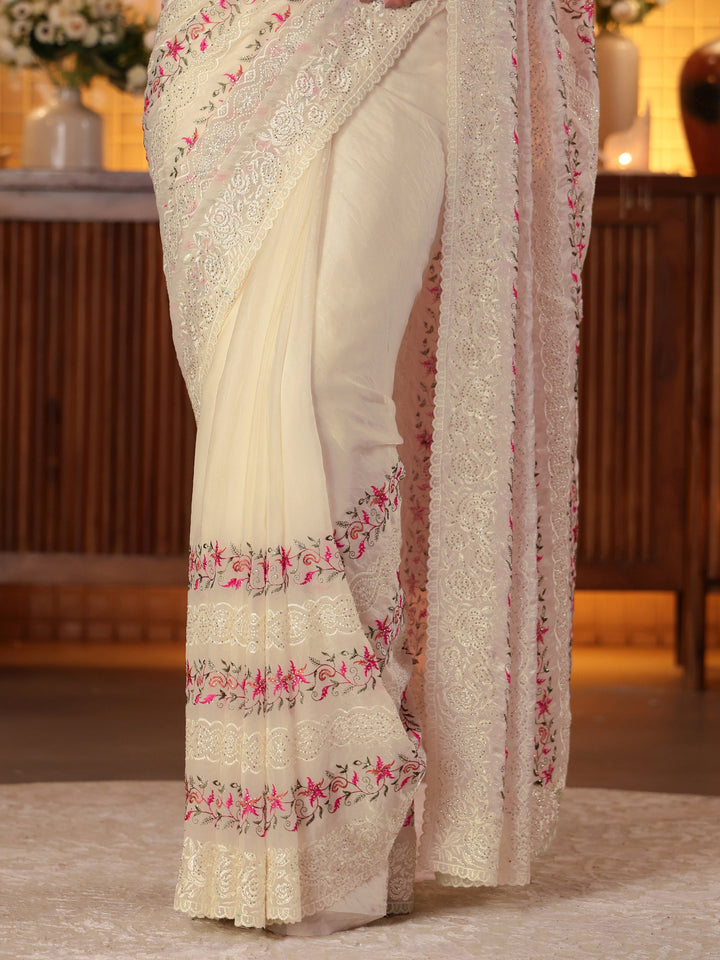 Libas Cream Floral Embroidered Tissue Saree