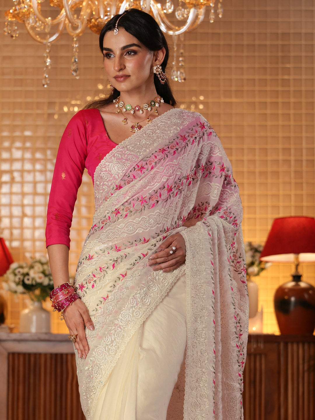 Libas Cream Floral Embroidered Tissue Saree