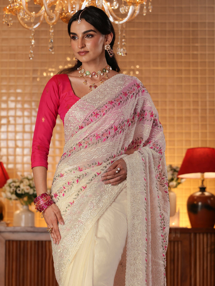 Libas Cream Floral Embroidered Tissue Saree