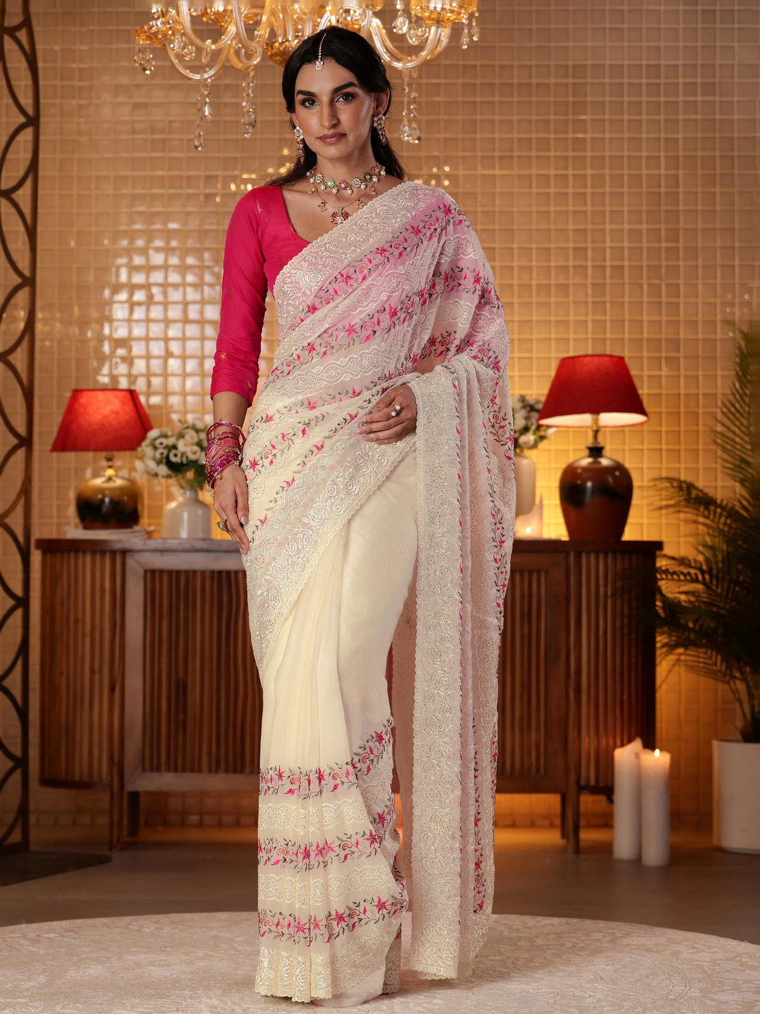 Libas Cream Floral Embroidered Tissue Saree