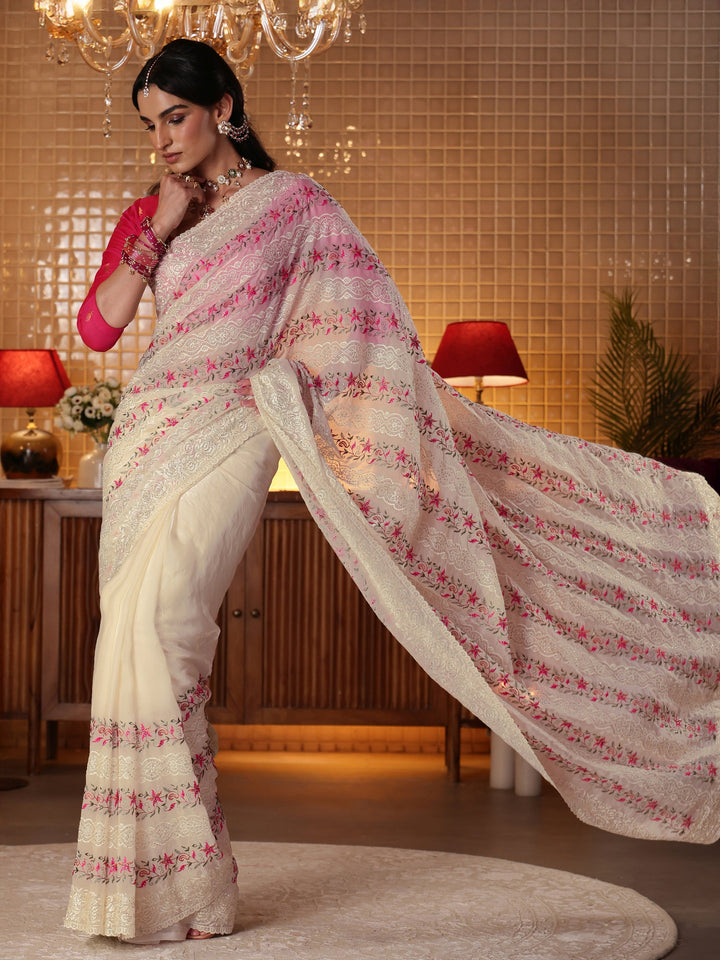 Libas Cream Floral Embroidered Tissue Saree
