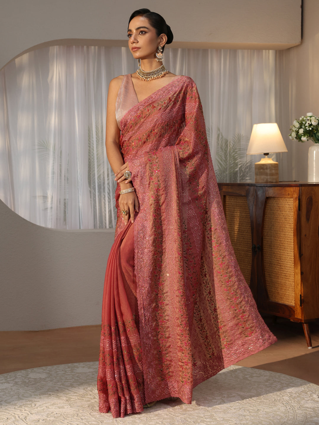 Peach Floral Embroidered Tissue Saree