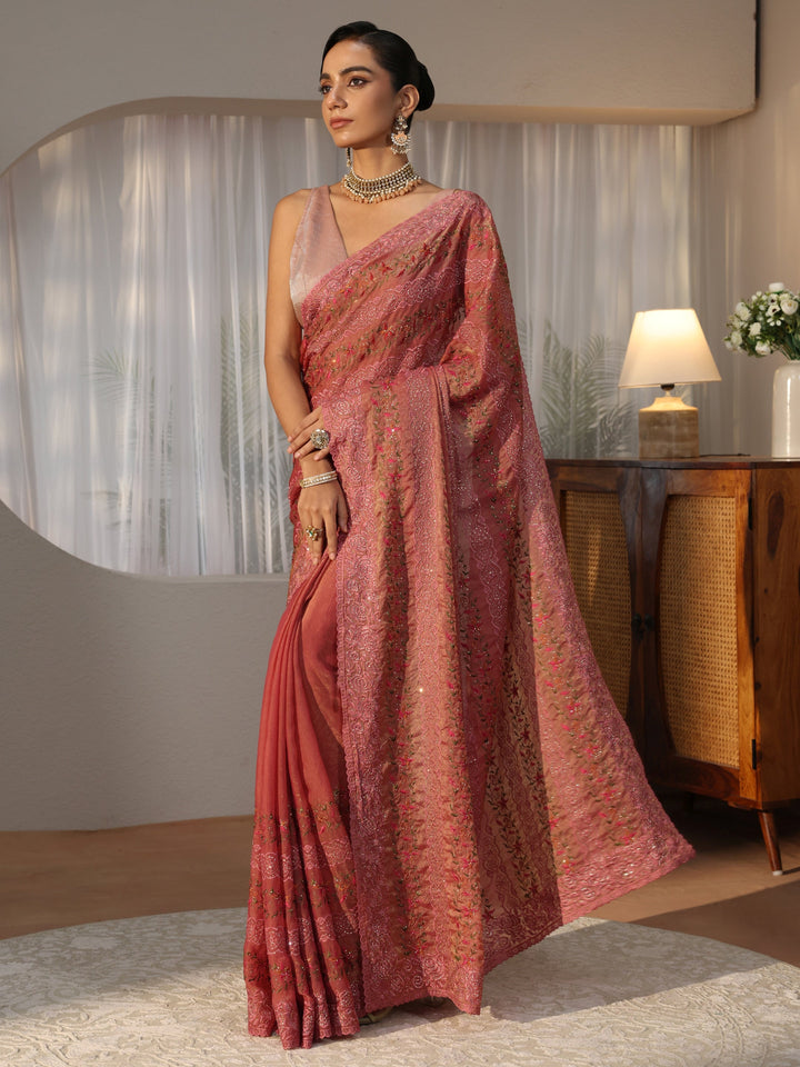 Peach Floral Embroidered Tissue Saree