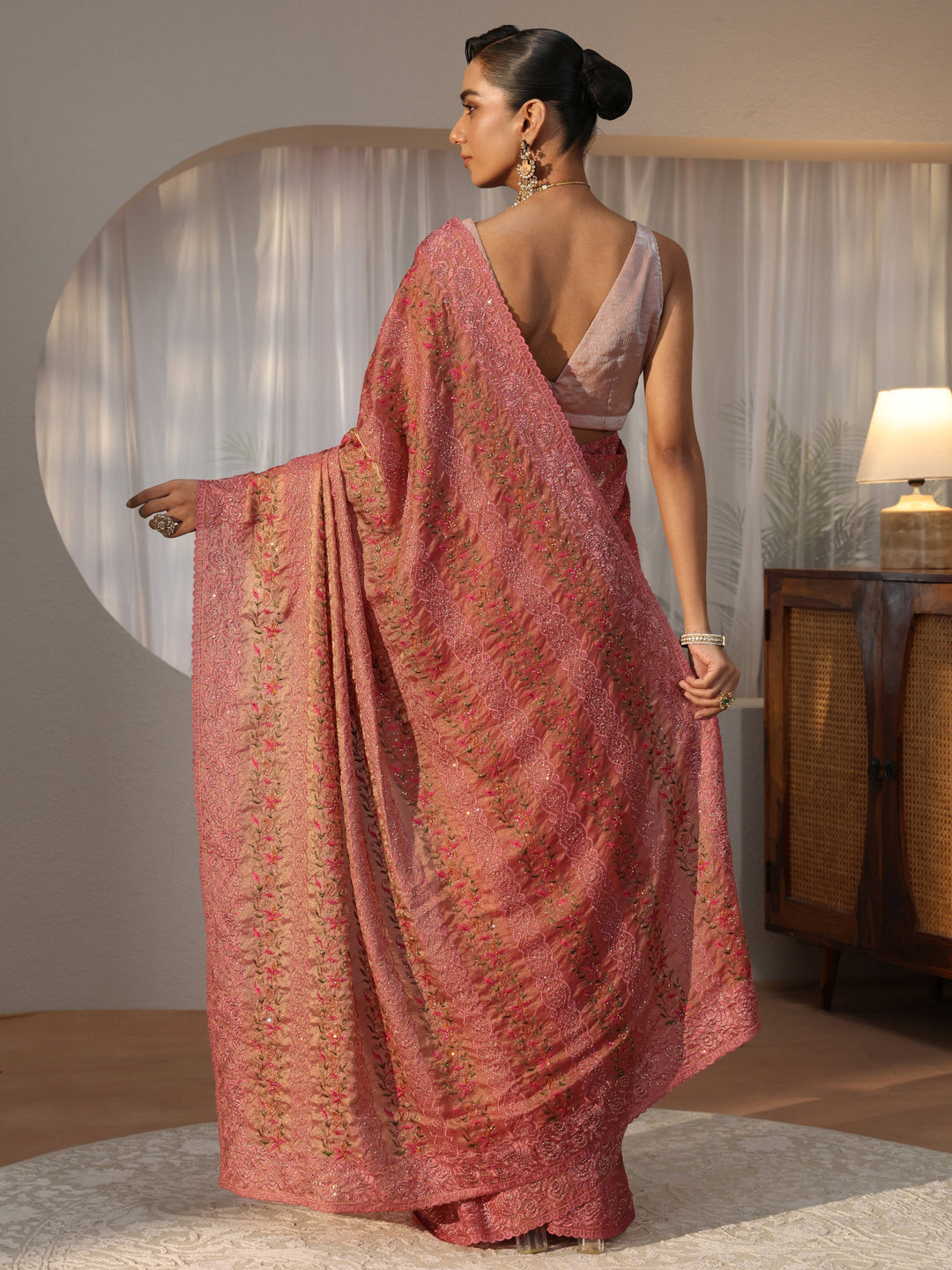 Peach Floral Embroidered Tissue Saree