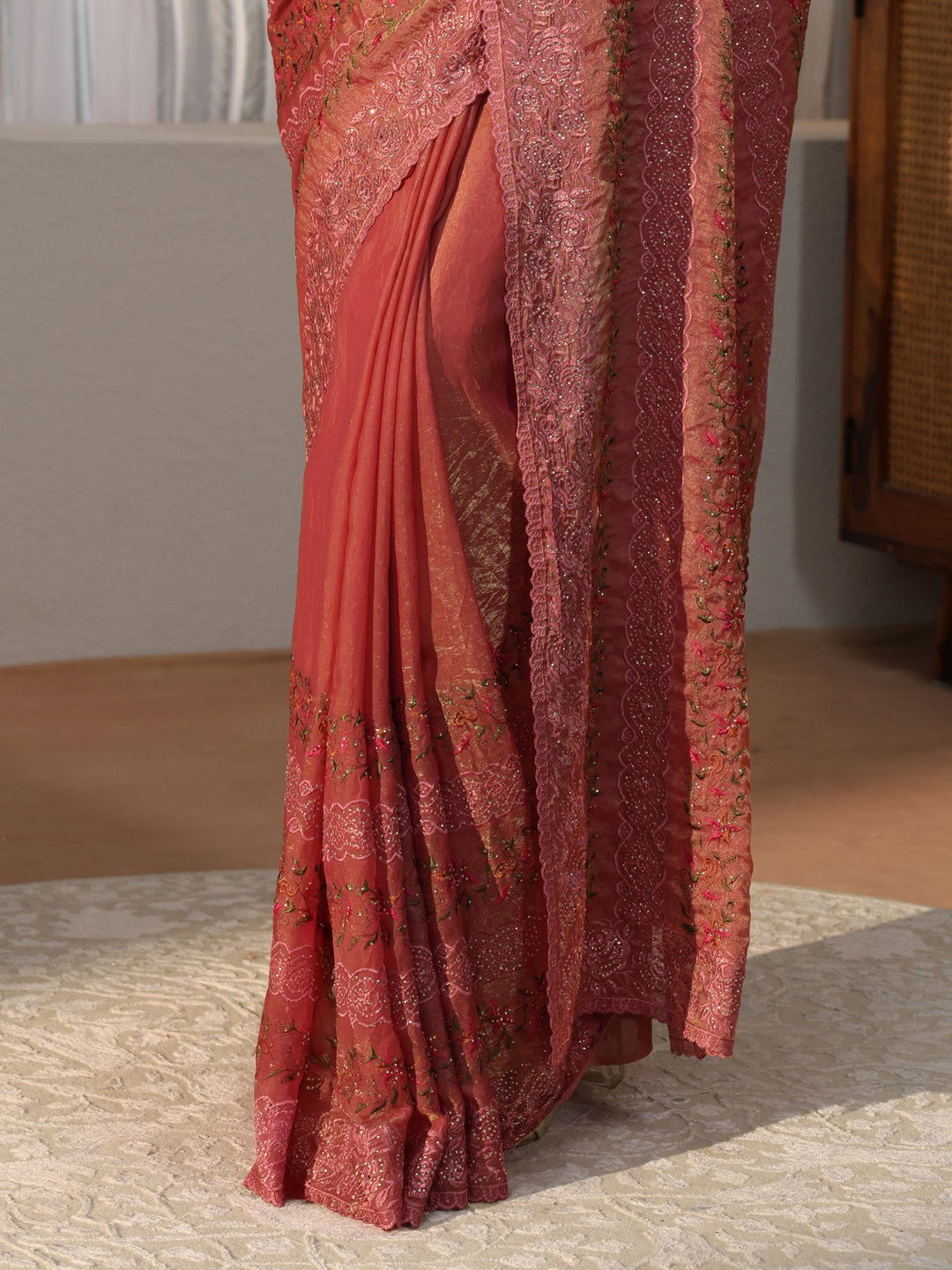 Peach Floral Embroidered Tissue Saree