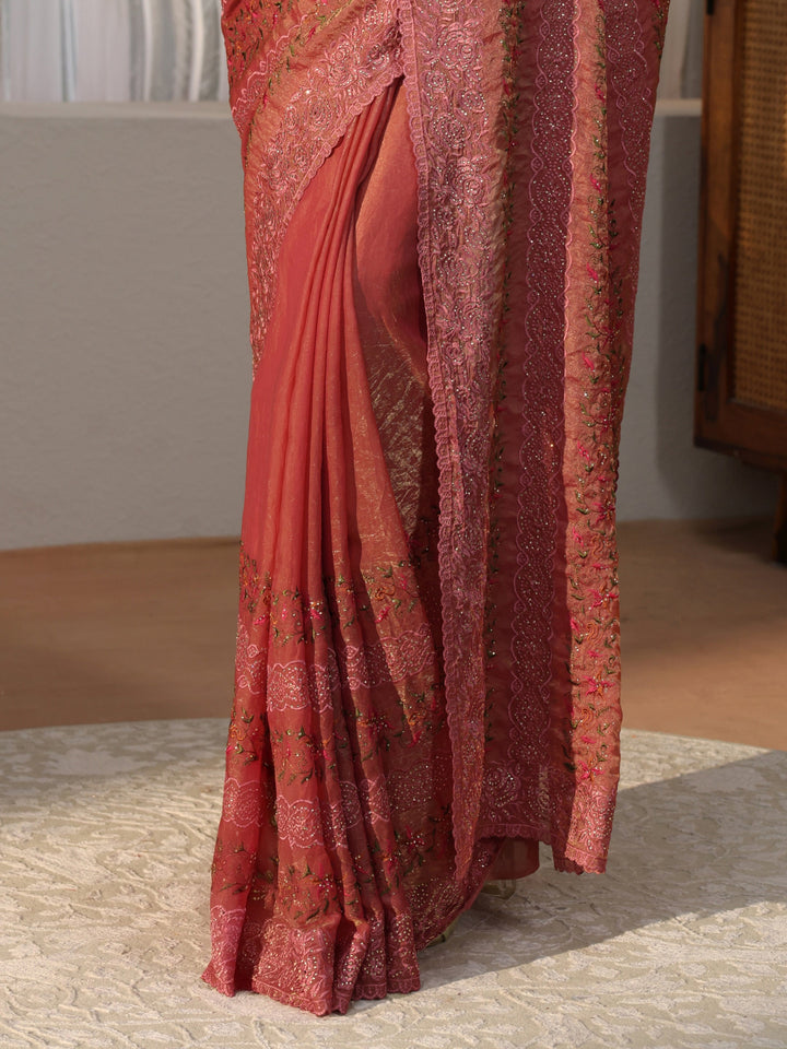 Peach Floral Embroidered Tissue Saree