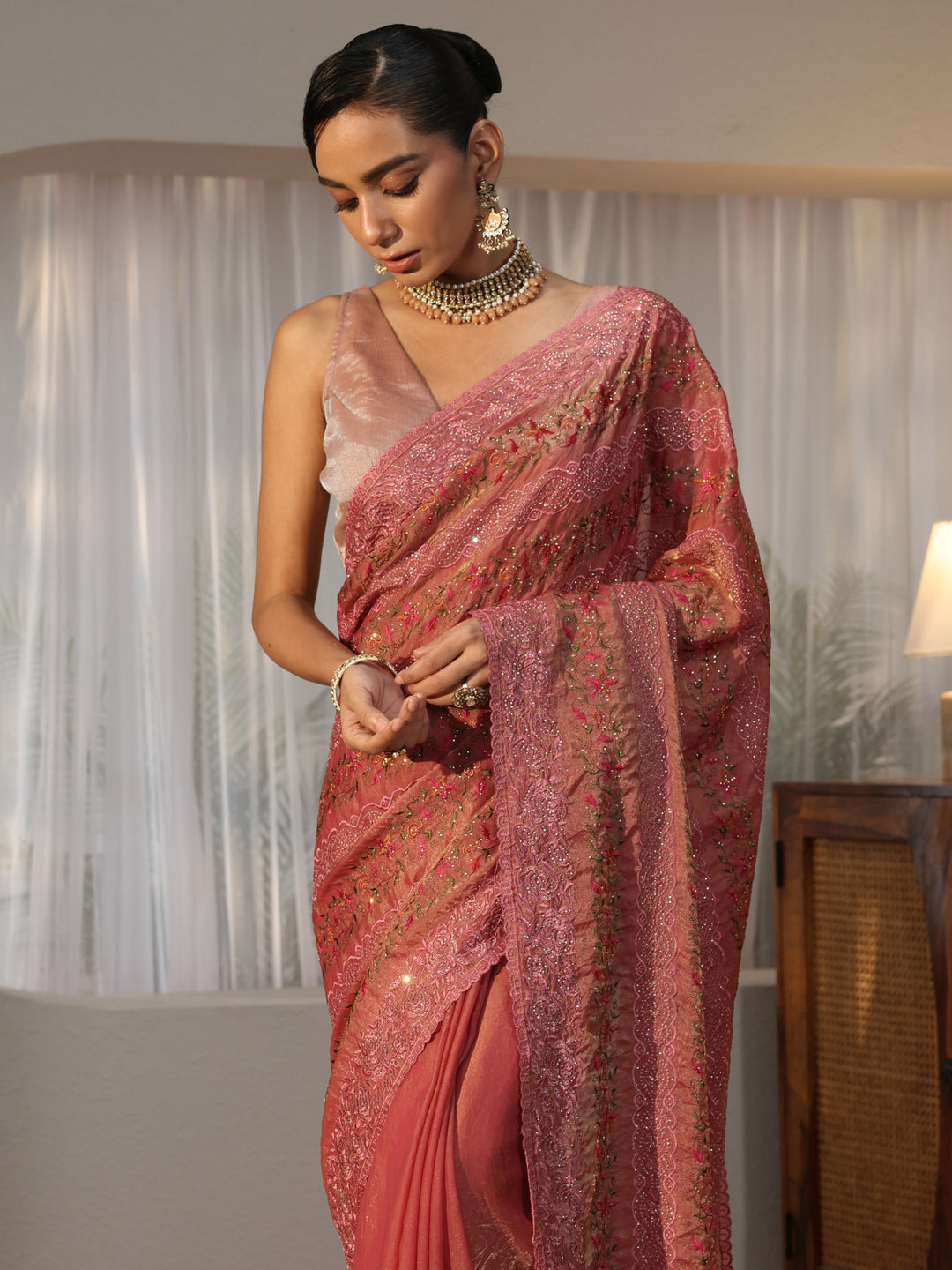 Peach Floral Embroidered Tissue Saree