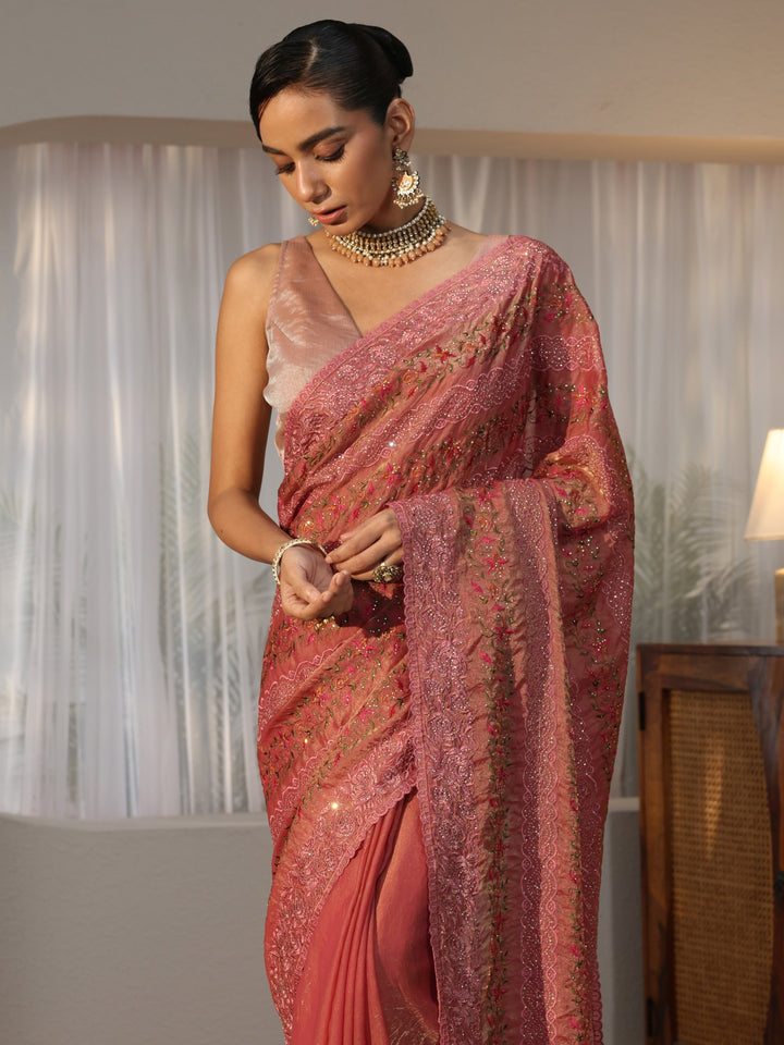 Peach Floral Embroidered Tissue Saree