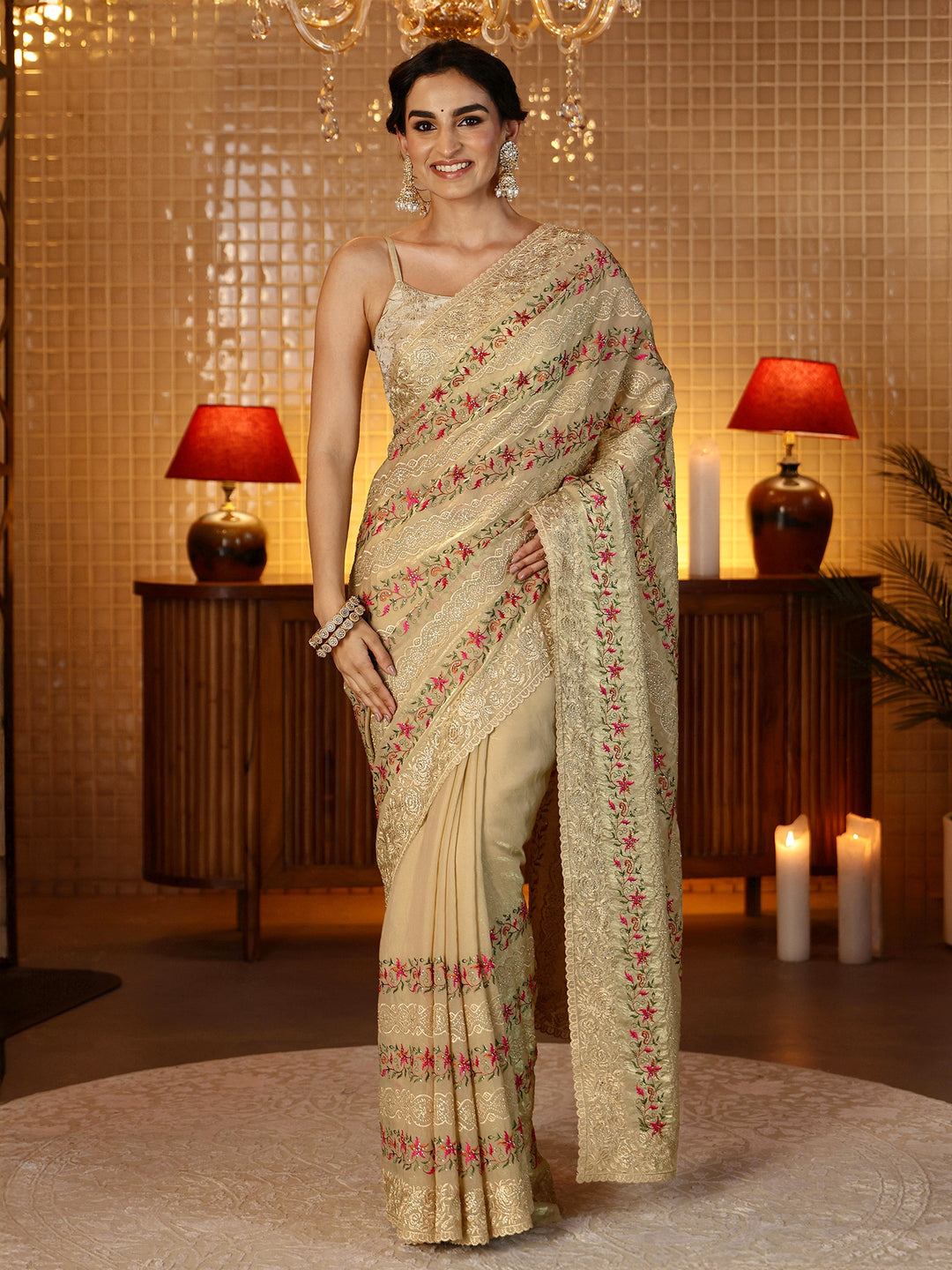 Libas Beige Floral Embroidered Tissue Saree