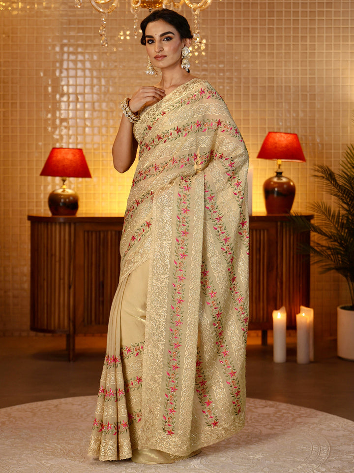 Libas Beige Floral Embroidered Tissue Saree
