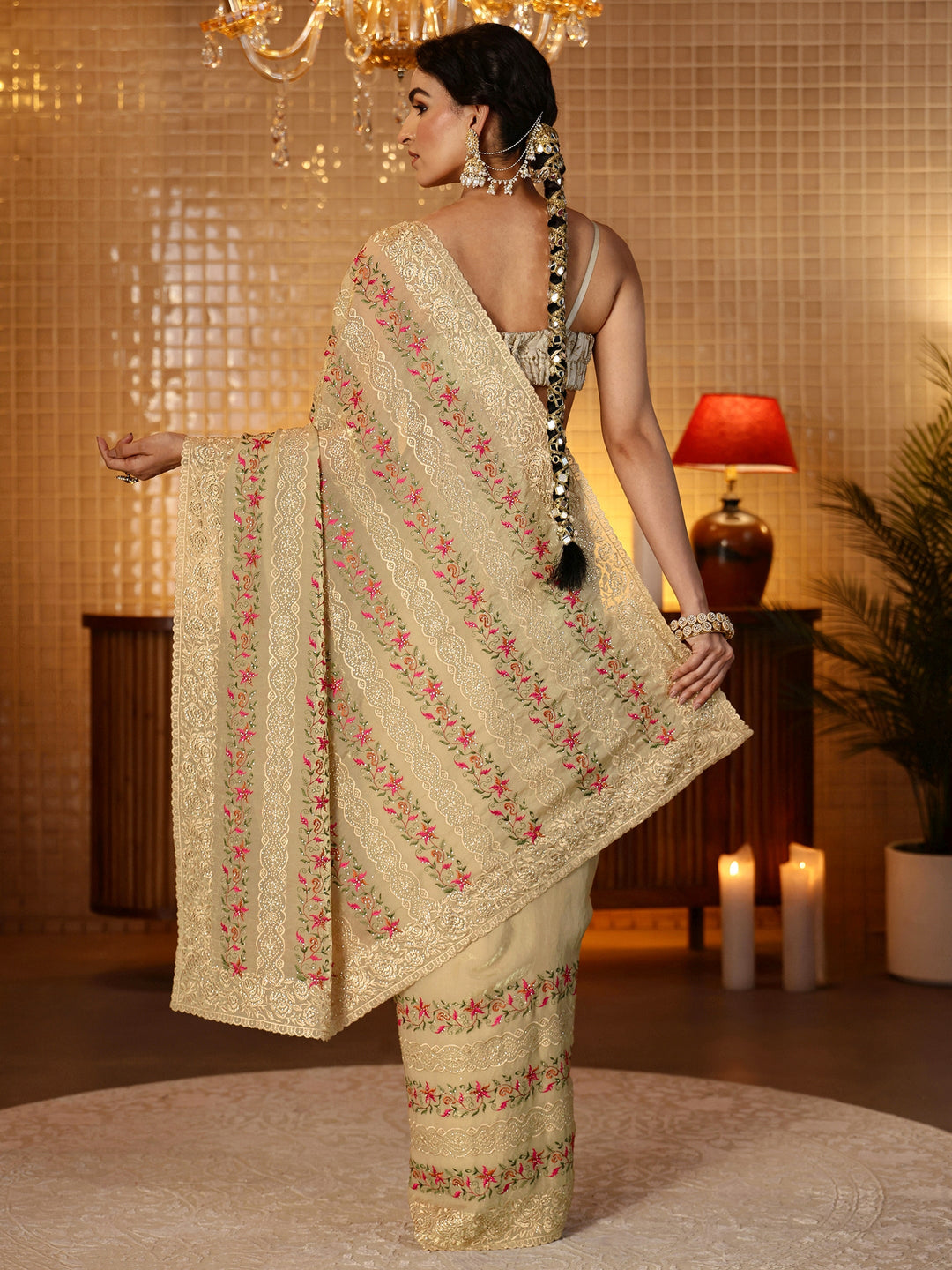 Libas Beige Floral Embroidered Tissue Saree