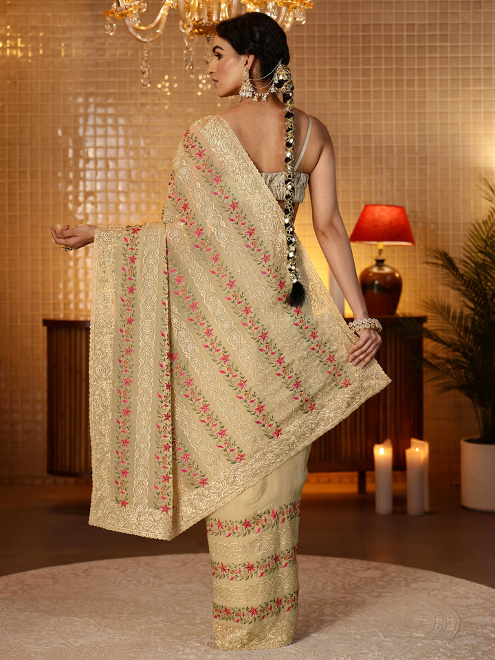 Libas Beige Floral Embroidered Tissue Saree