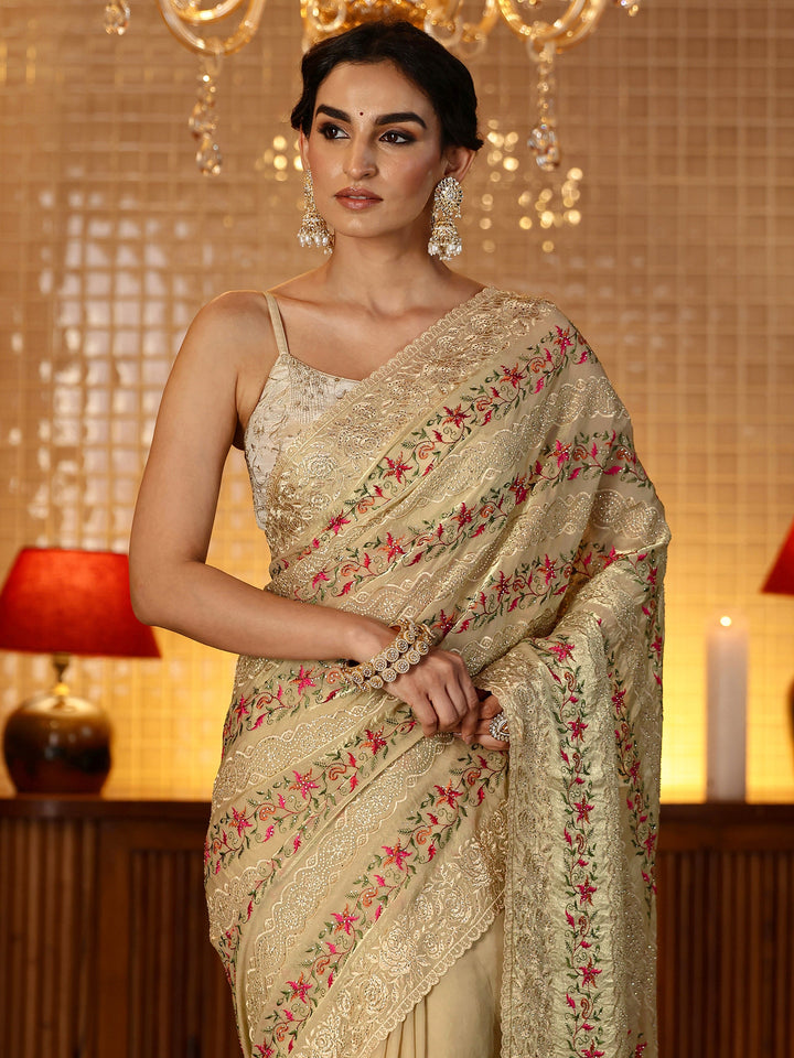 Libas Beige Floral Embroidered Tissue Saree