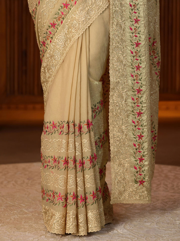 Libas Beige Floral Embroidered Tissue Saree