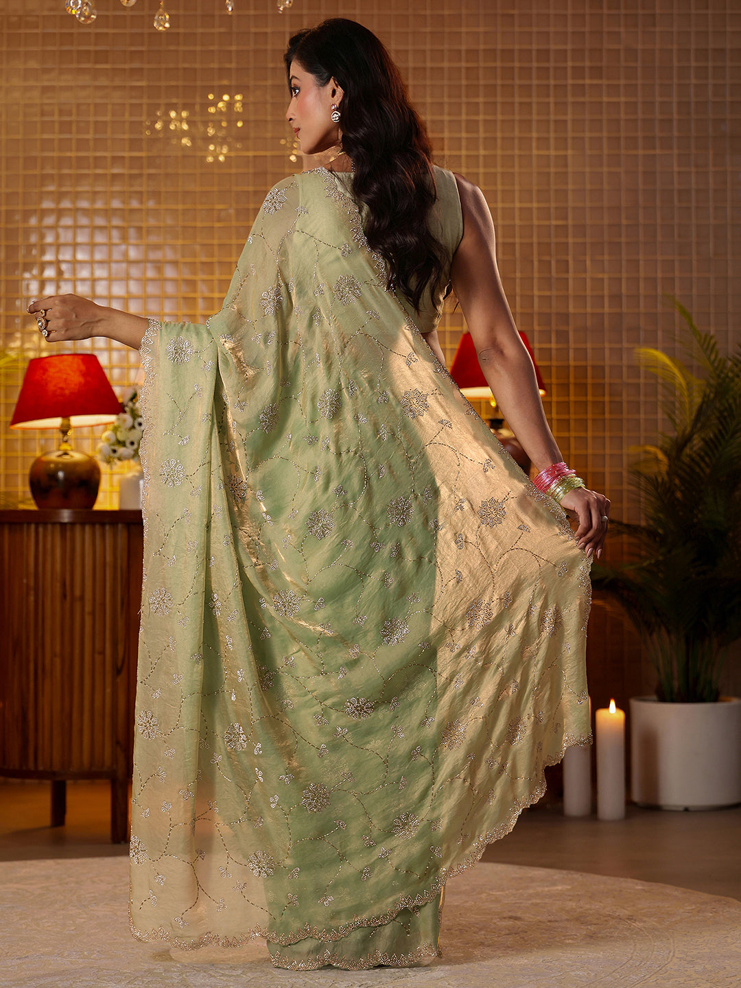 Libas Art Green Floral Embellished Tissue Saree