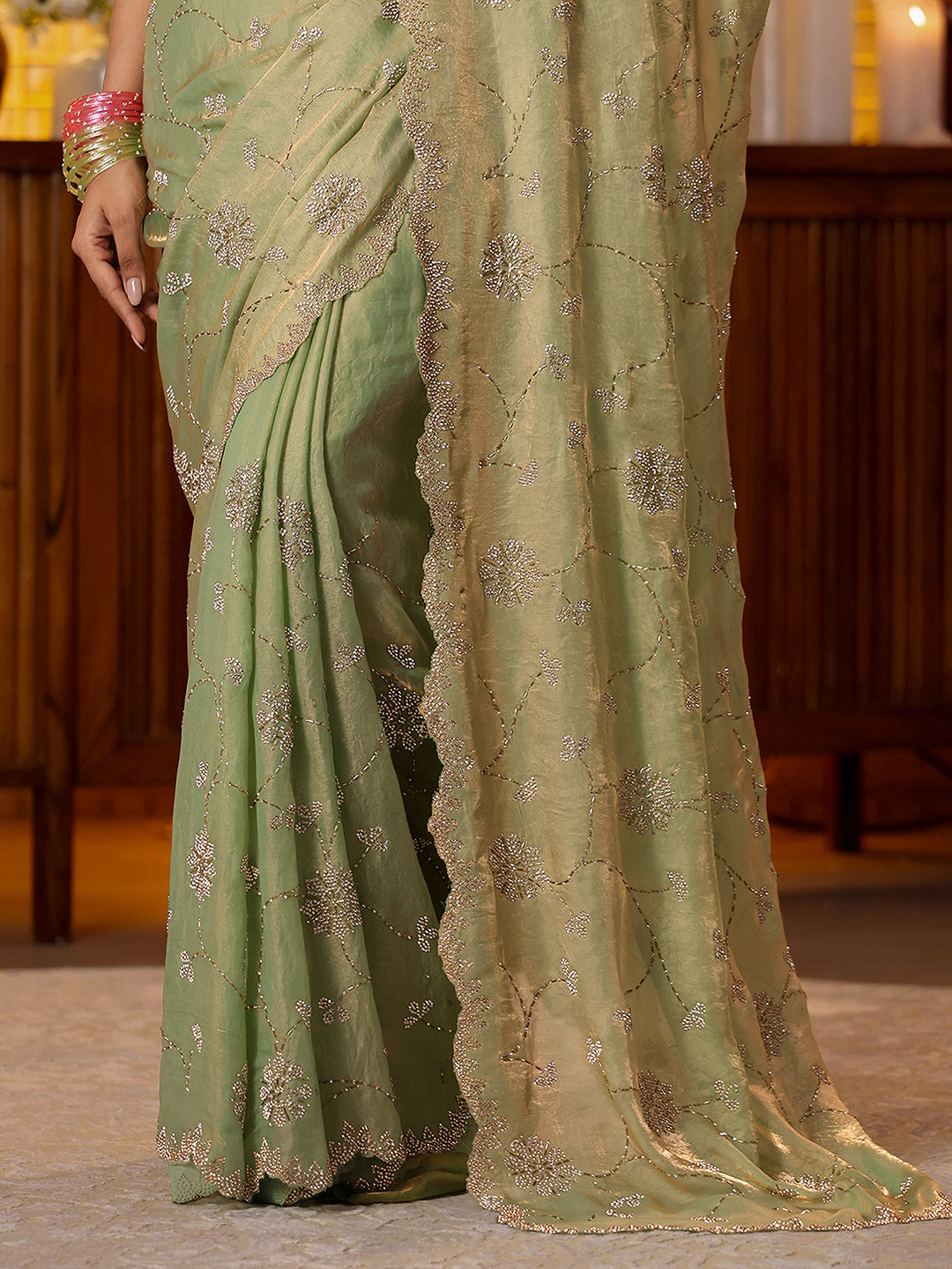 Libas Art Green Floral Embellished Tissue Saree