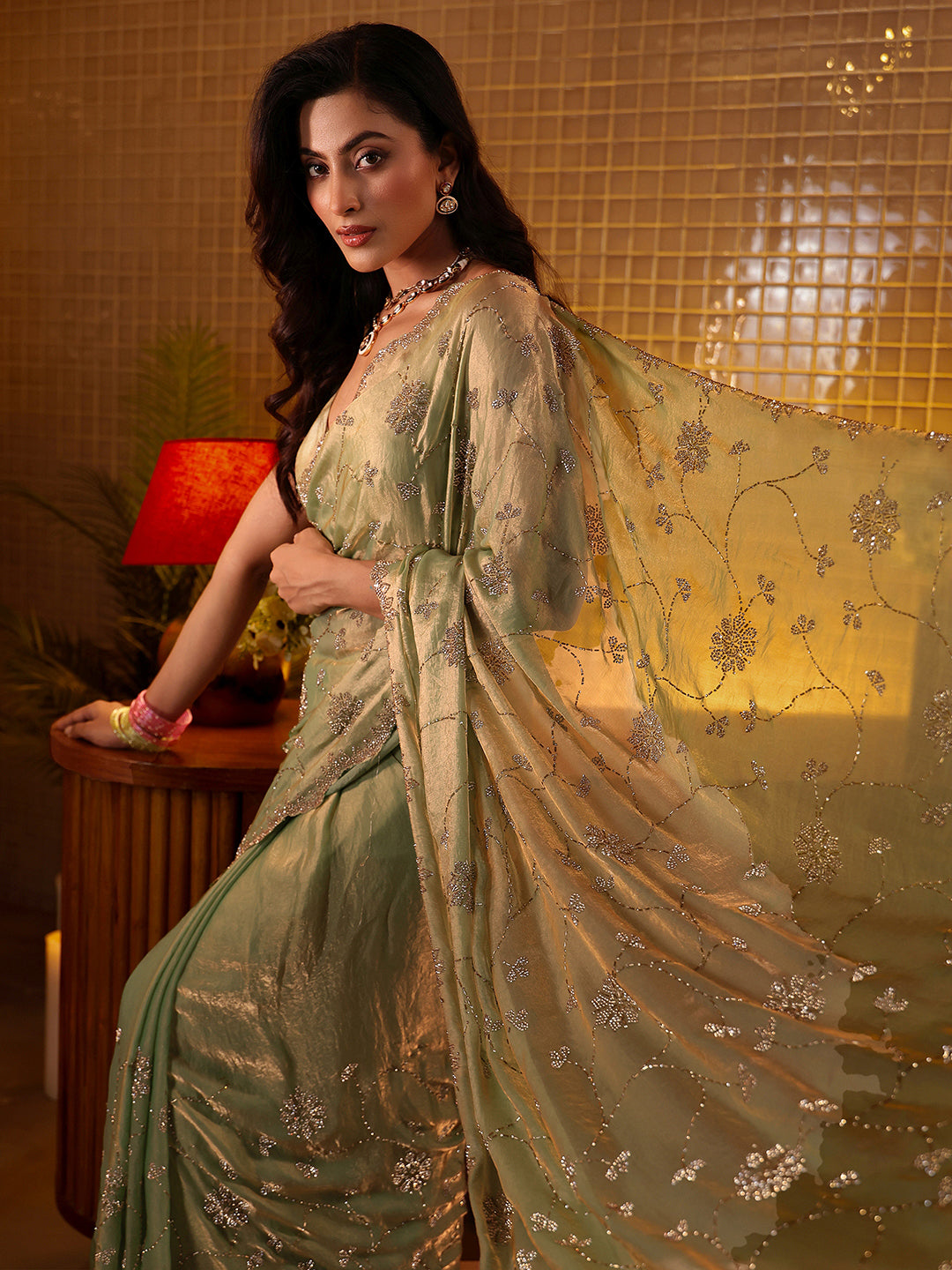 Libas Art Green Floral Embellished Tissue Saree