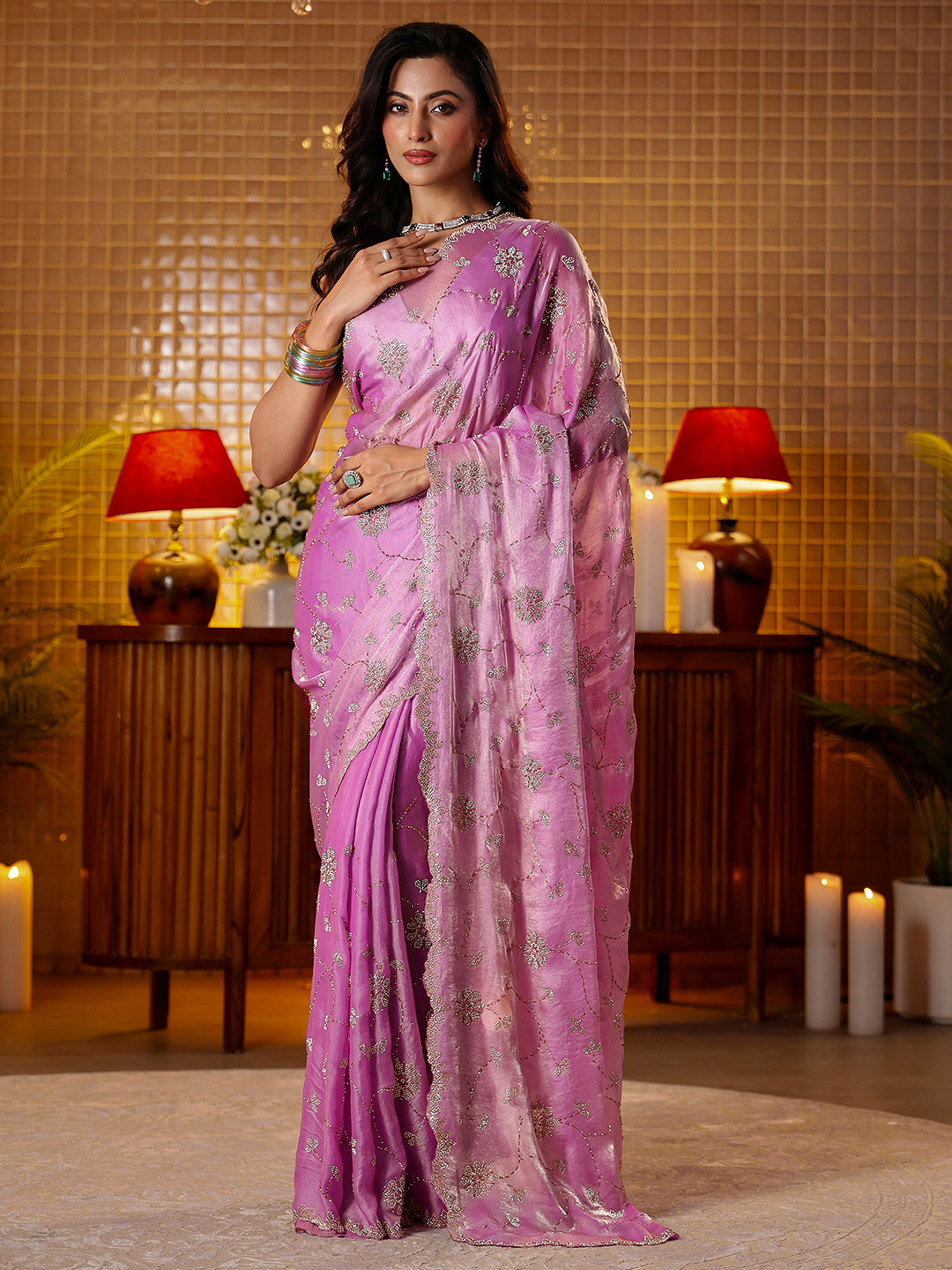 Libas Art Lavender Floral Embellished Tissue Saree