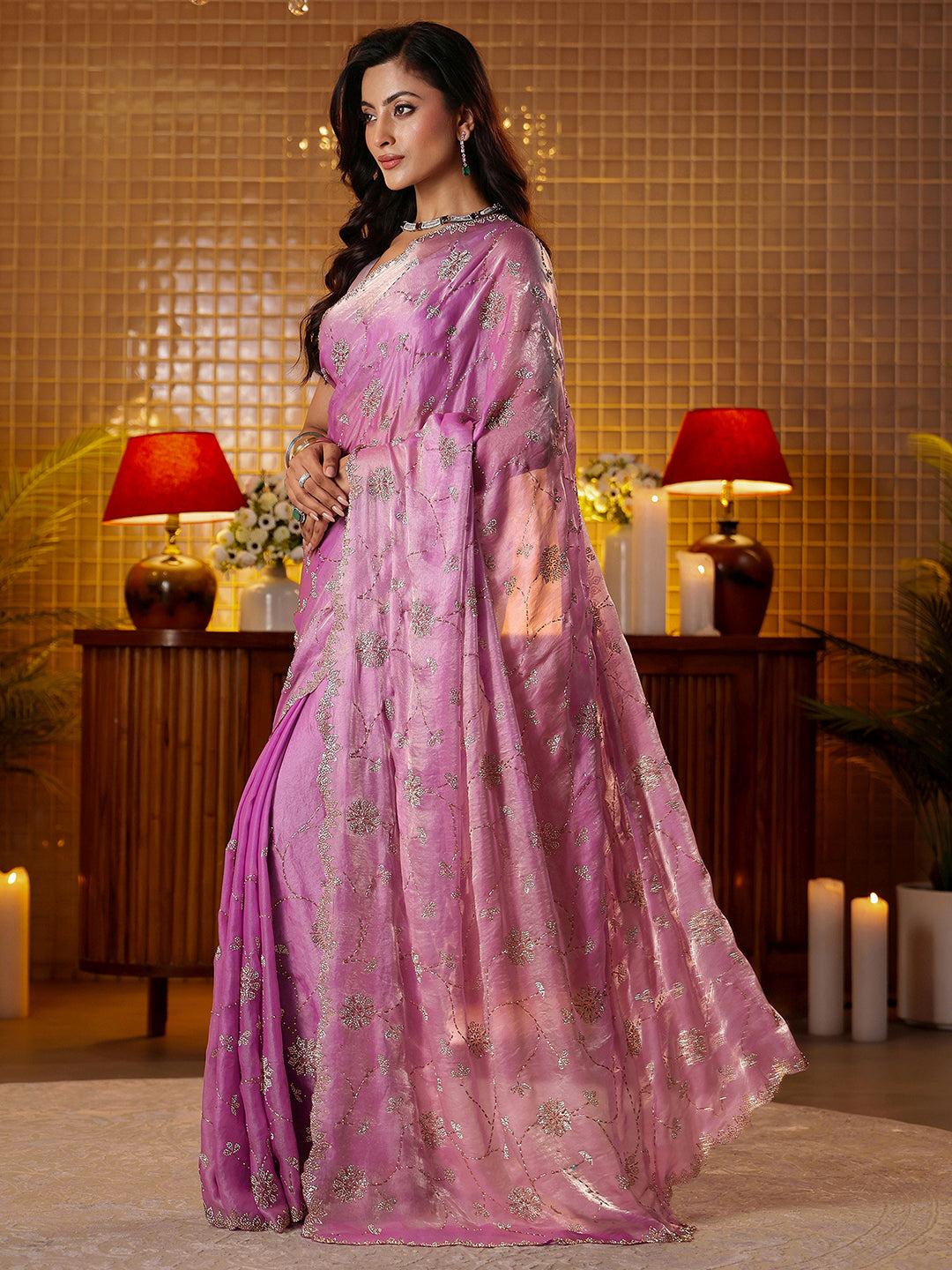 Libas Art Lavender Floral Embellished Tissue Saree
