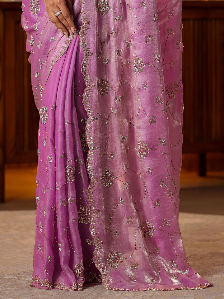 Libas Art Lavender Floral Embellished Tissue Saree