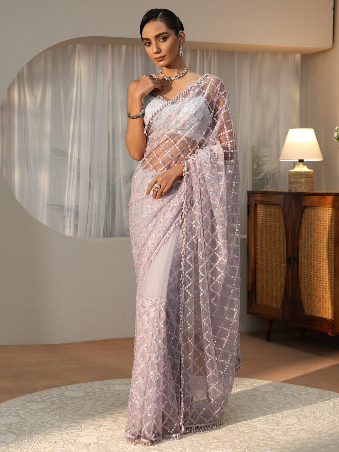 Libas Art Lavender Embellished Net Saree