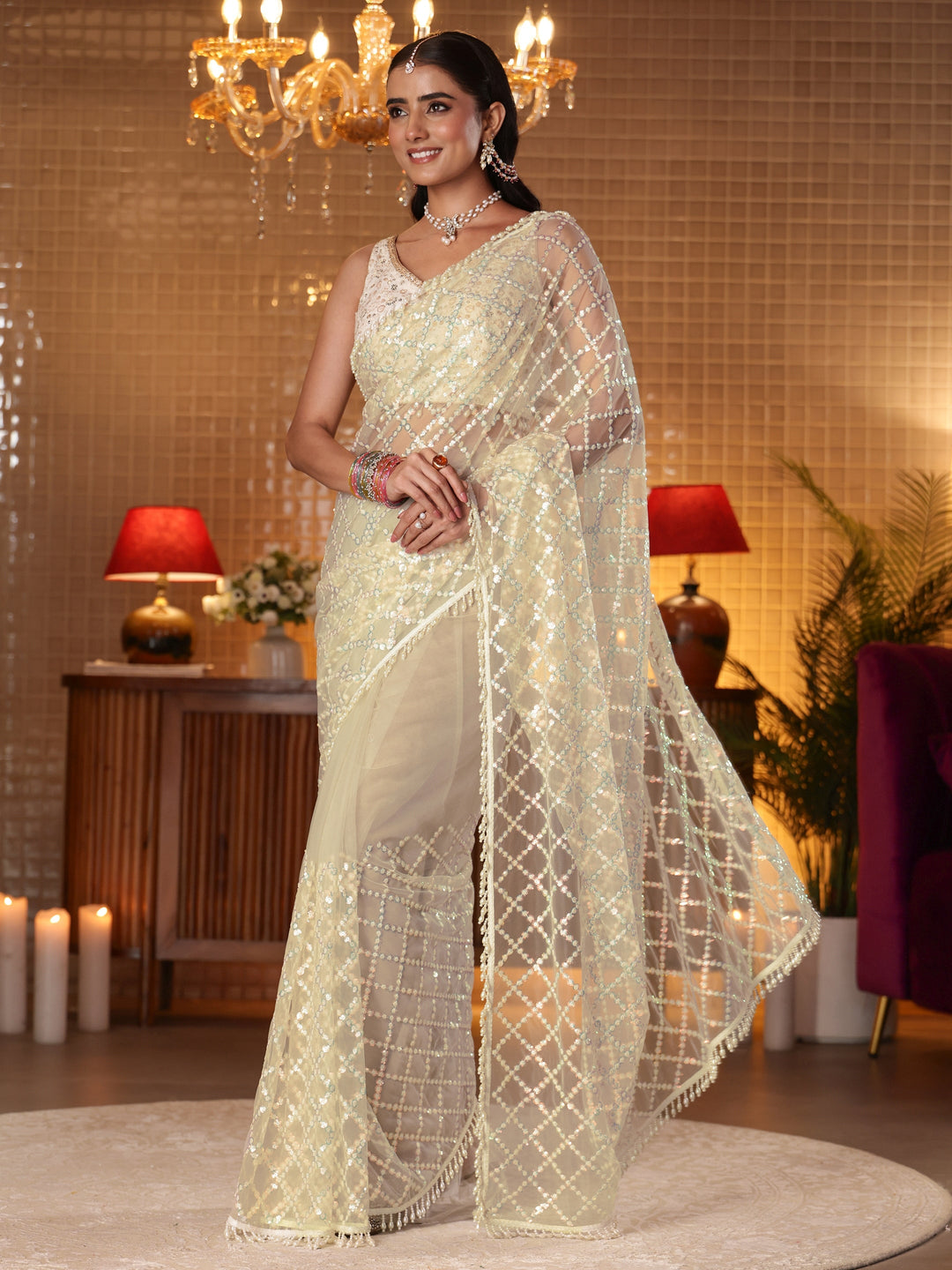 Libas Art Off White Geometric Embellished Net Saree