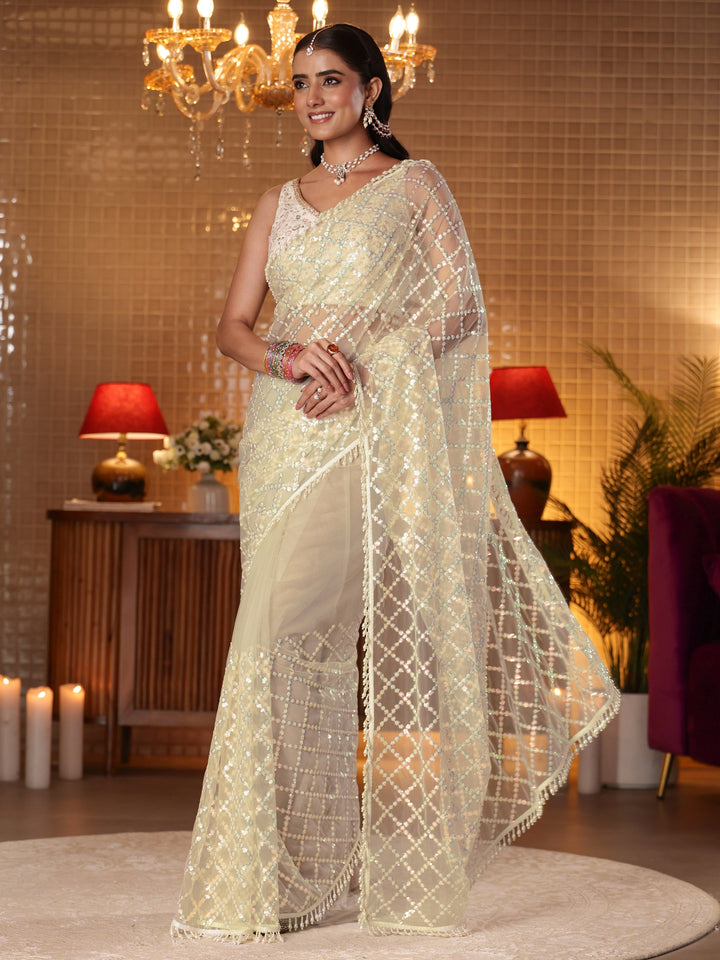 Libas Art Off White Geometric Embellished Net Saree