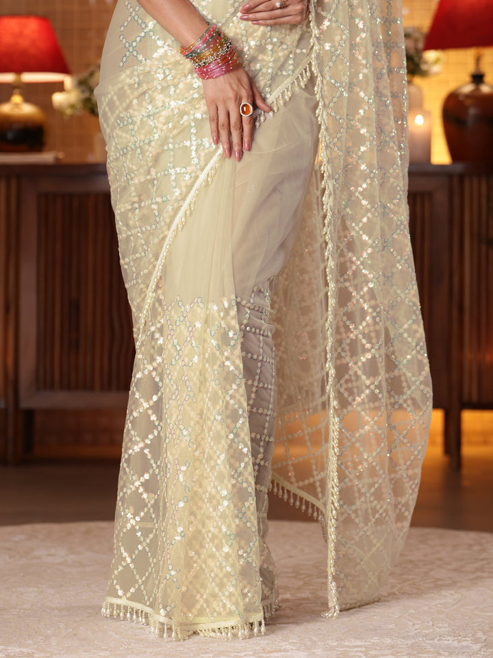 Libas Art Off White Geometric Embellished Net Saree