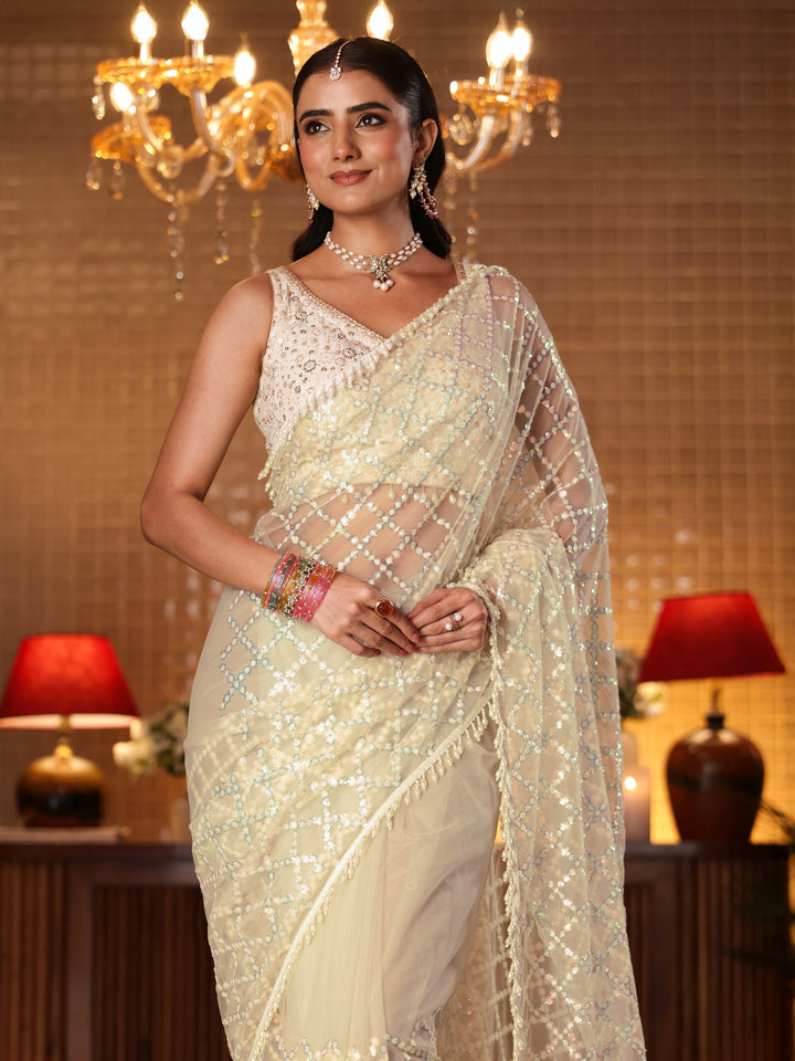 Libas Art Off White Geometric Embellished Net Saree