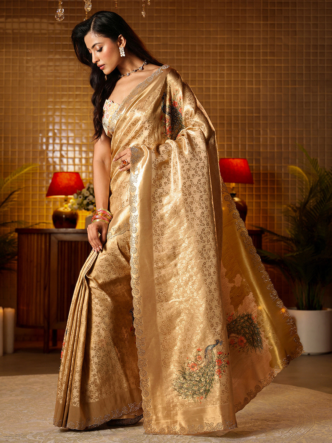 Libas Art Gold Floral Woven Design Silk Blend Saree