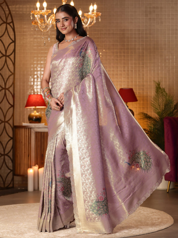 Libas Art Lavender Floral Woven Design Silk Blend Saree