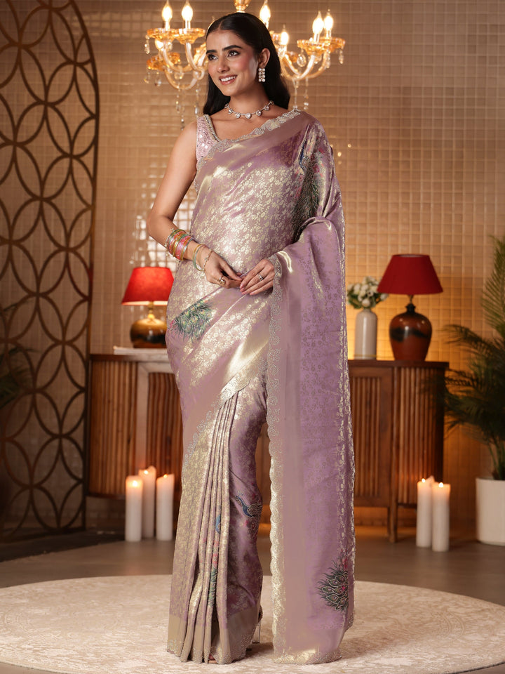 Libas Art Lavender Floral Woven Design Silk Blend Saree