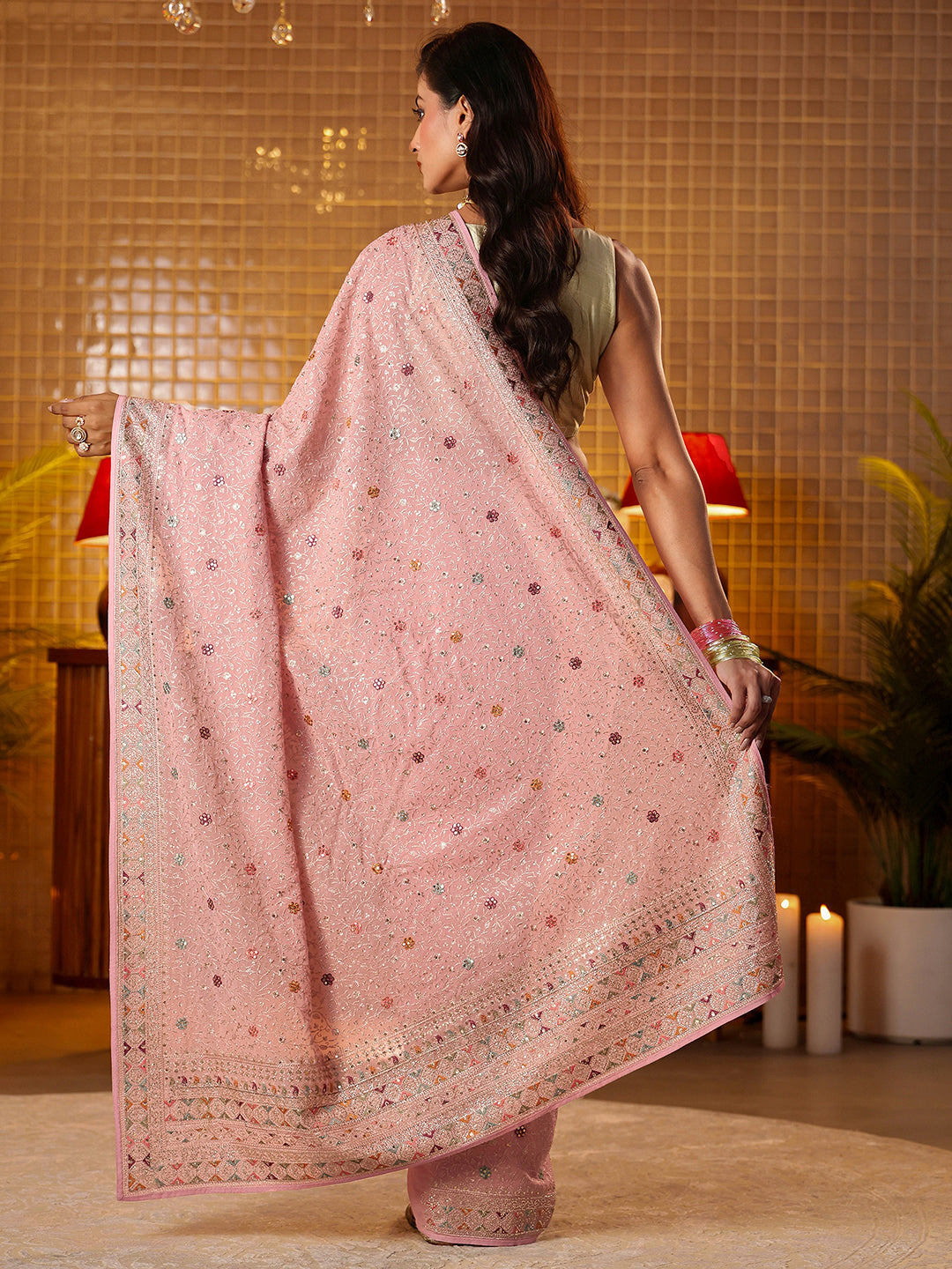 Libas Art Pink Floral Embroidered Georgette Saree