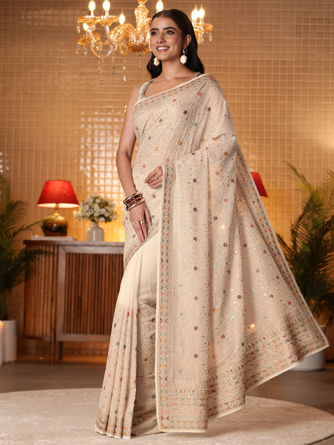 Libas Art Cream Floral Embroidered Georgette Saree