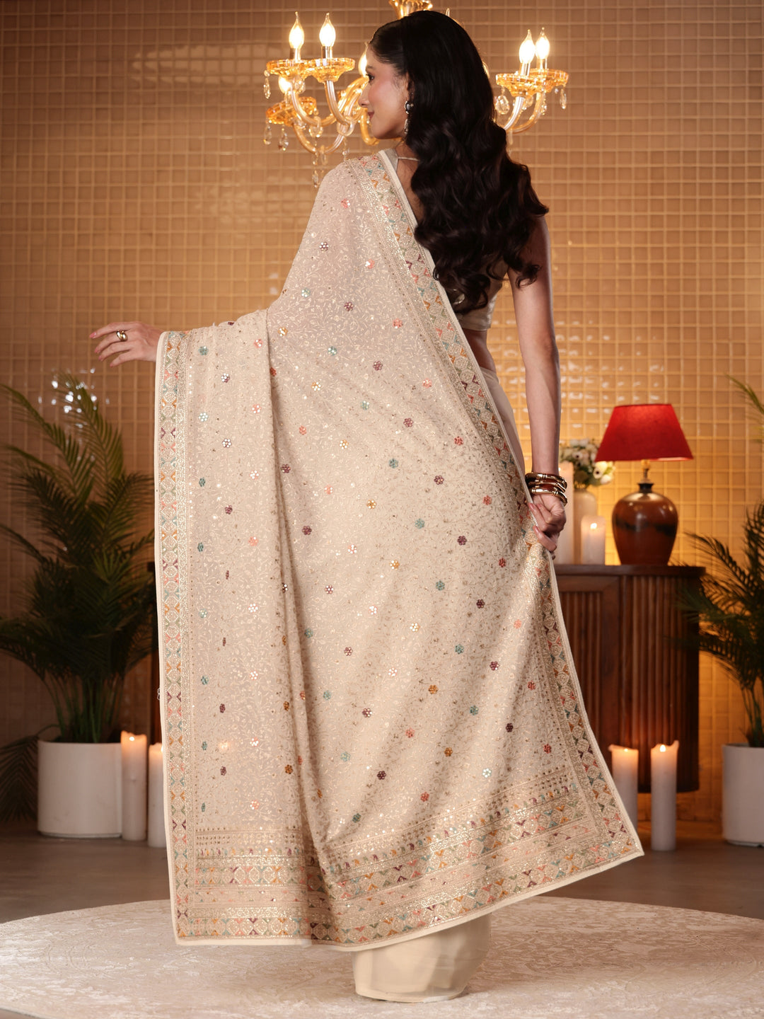 Libas Art Cream Floral Embroidered Georgette Saree
