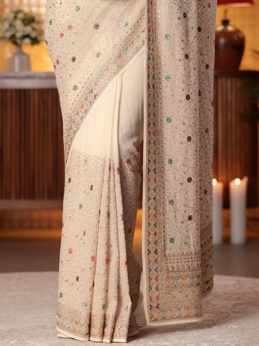 Libas Art Cream Floral Embroidered Georgette Saree
