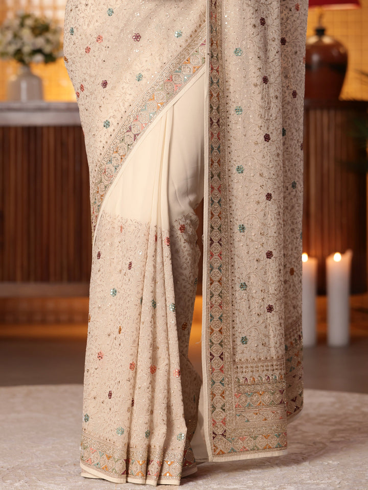 Libas Art Cream Floral Embroidered Georgette Saree