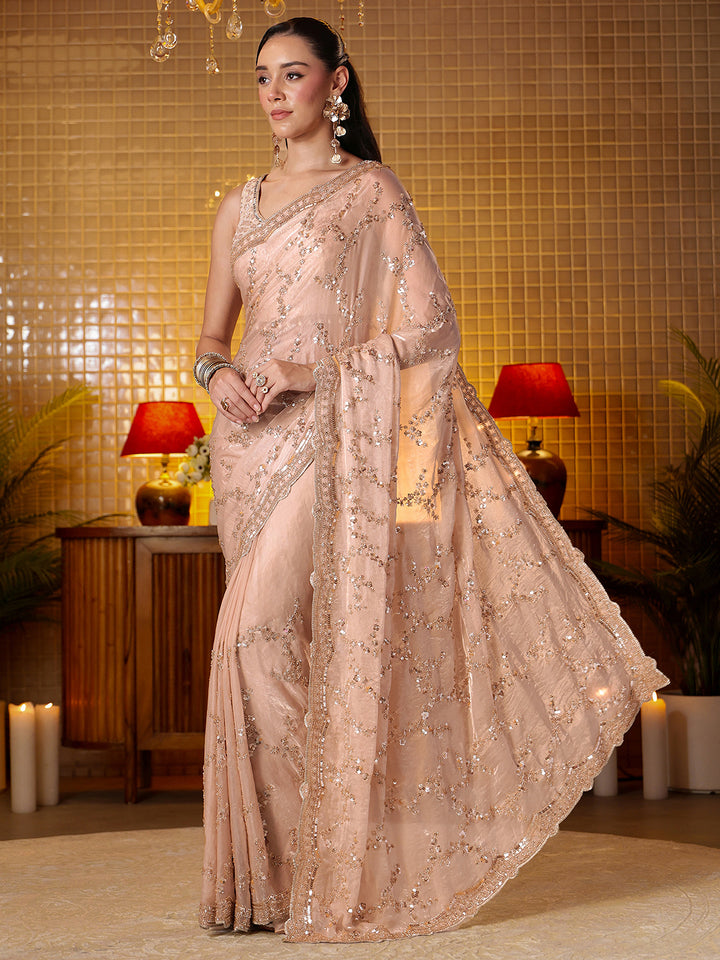 Libas Art Beige Floral Embellished Tissue Saree
