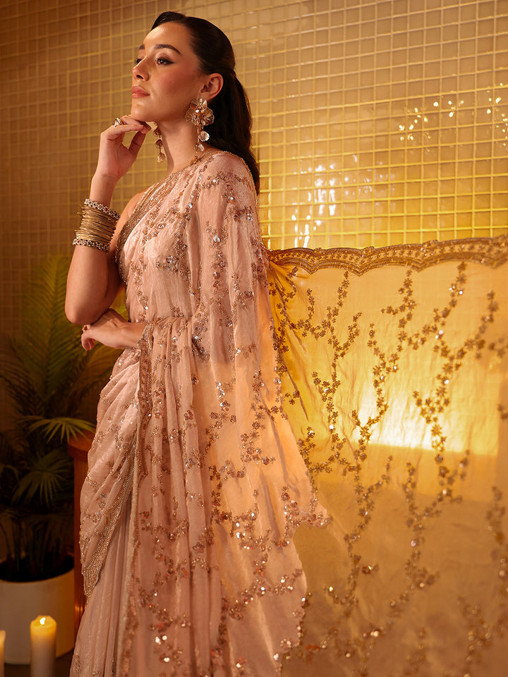 Libas Art Beige Floral Embellished Tissue Saree