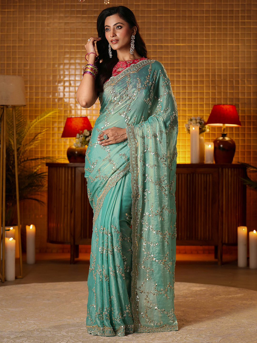 Libas Art Blue Floral Embellished Tissue Saree