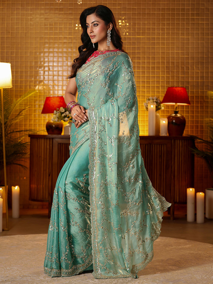 Libas Art Blue Floral Embellished Tissue Saree