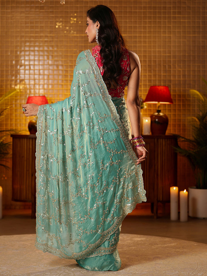 Libas Art Blue Floral Embellished Tissue Saree