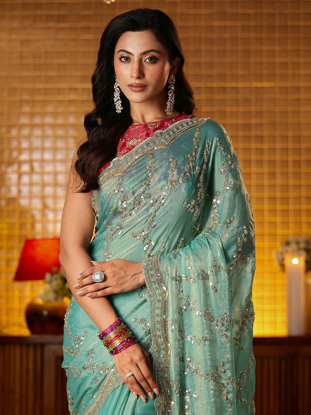 Libas Art Blue Floral Embellished Tissue Saree